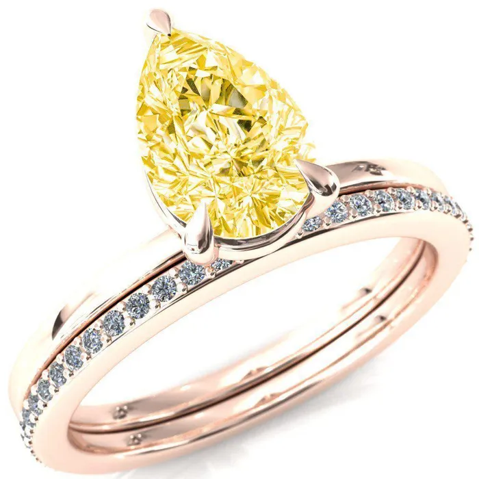 Fire Brilliance Rings Lyla Pear Canary Yellow 3 Claw Prong Single Rail Solitaire Ring