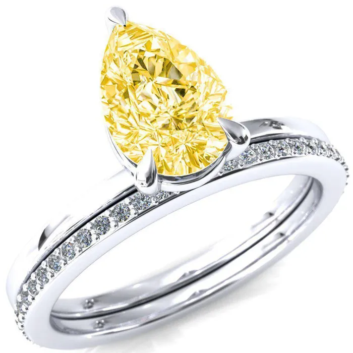 Fire Brilliance Rings Lyla Pear Canary Yellow 3 Claw Prong Single Rail Solitaire Ring