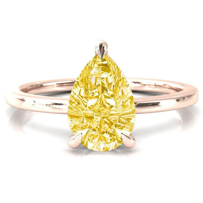 Fire Brilliance Rings Lyla Pear Canary Yellow 3 Claw Prong Single Rail Solitaire Ring