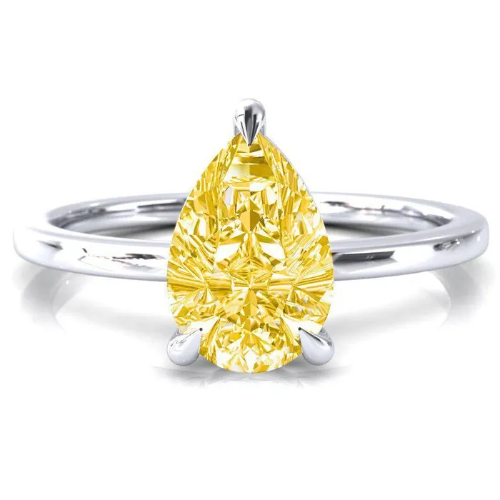 Fire Brilliance Rings Lyla Pear Canary Yellow 3 Claw Prong Single Rail Solitaire Ring