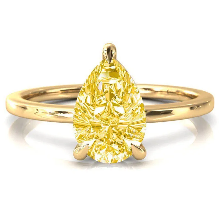 Fire Brilliance Rings Lyla Pear Canary Yellow 3 Claw Prong Single Rail Solitaire Ring