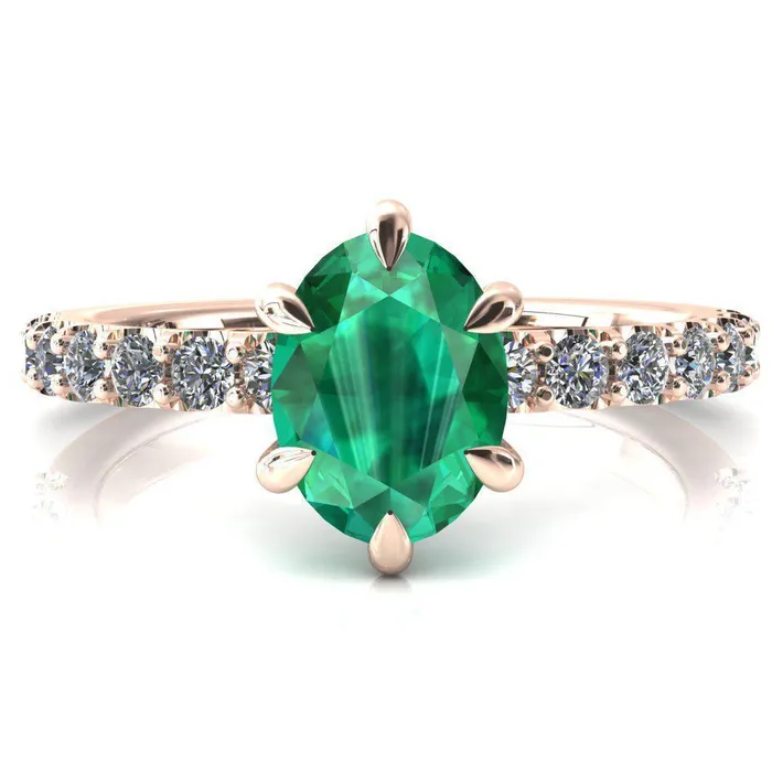 Fire Brilliance Rings Mylene Oval Emerald 6 Prong Sculptural Half Eternity Diamond Engagement Ring