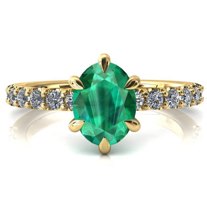 Fire Brilliance Rings Mylene Oval Emerald 6 Prong Sculptural Half Eternity Diamond Engagement Ring