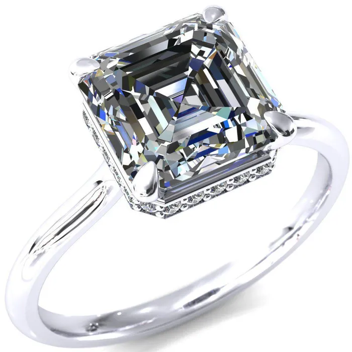 Fire Brilliance Rings Secret Asscher Moissanite 4 Prong Floating Halo Engagement Ring