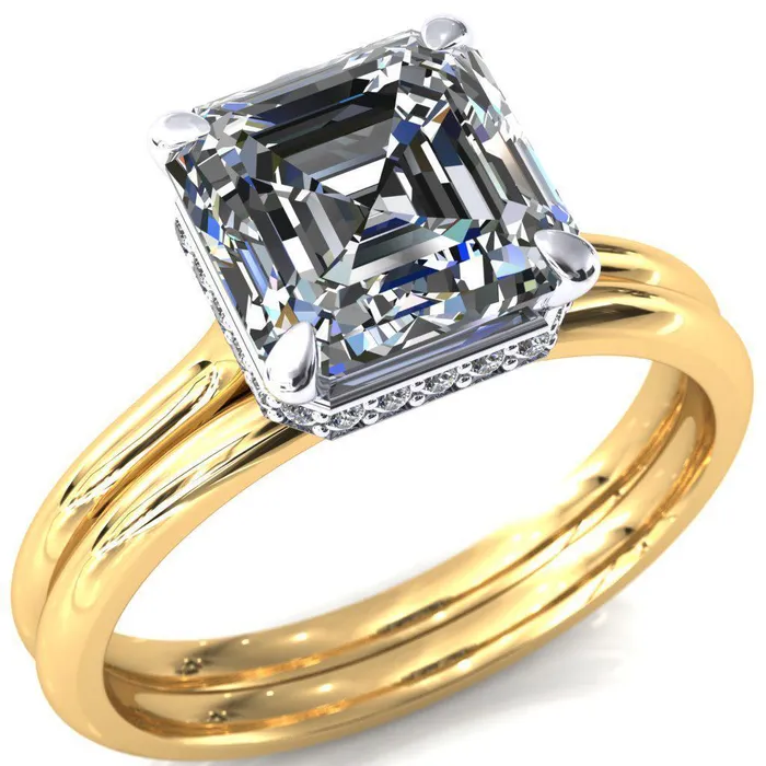 Fire Brilliance Rings Secret Asscher Moissanite 4 Prong Floating Halo Engagement Ring
