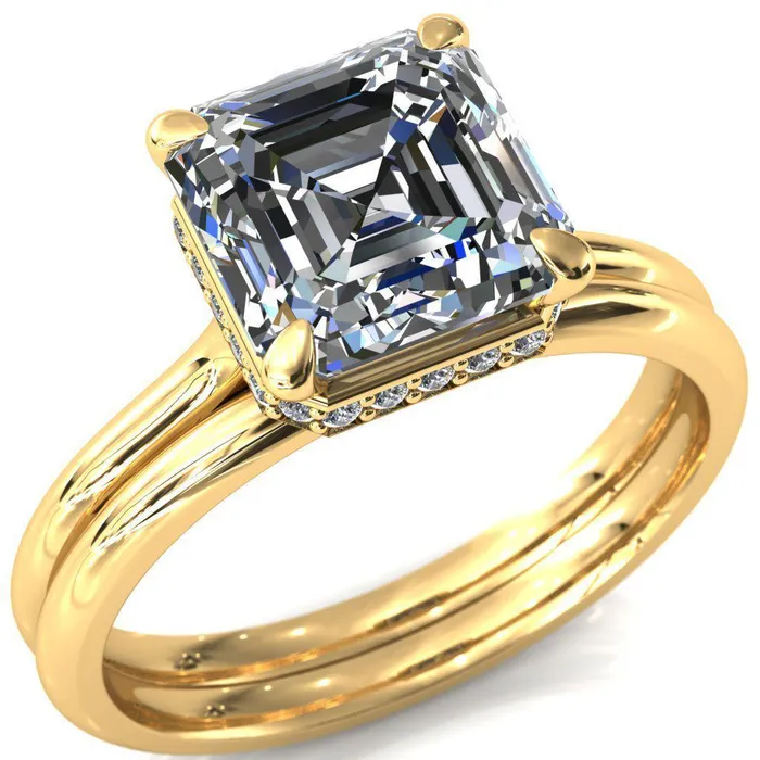 Fire Brilliance Rings Secret Asscher Moissanite 4 Prong Floating Halo Engagement Ring