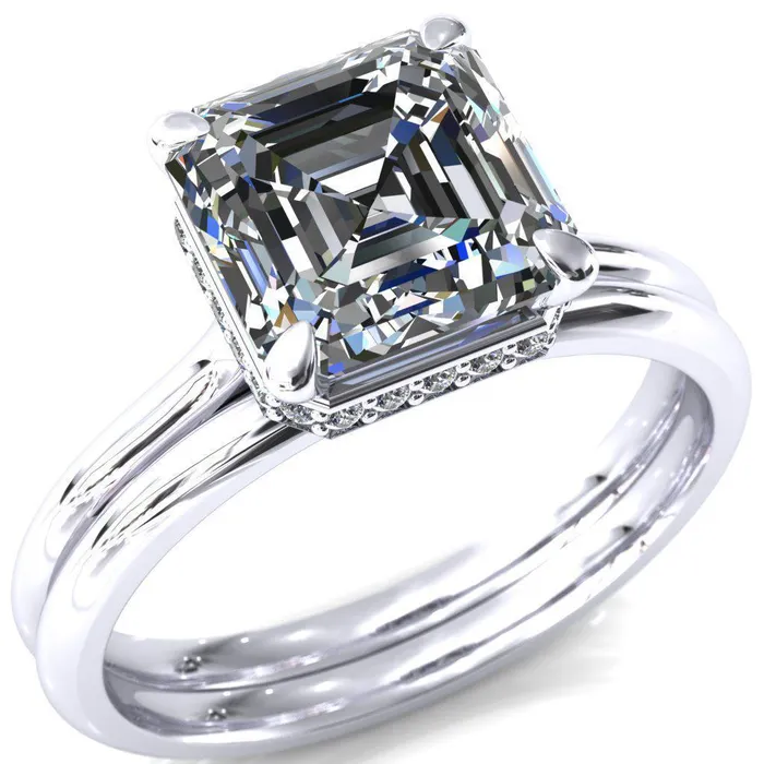Fire Brilliance Rings Secret Asscher Moissanite 4 Prong Floating Halo Engagement Ring