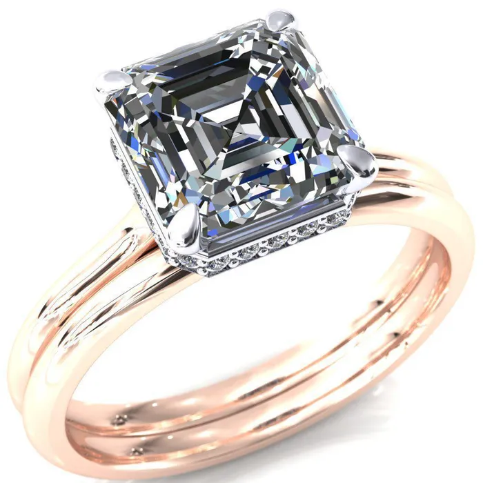 Fire Brilliance Rings Secret Asscher Moissanite 4 Prong Floating Halo Engagement Ring