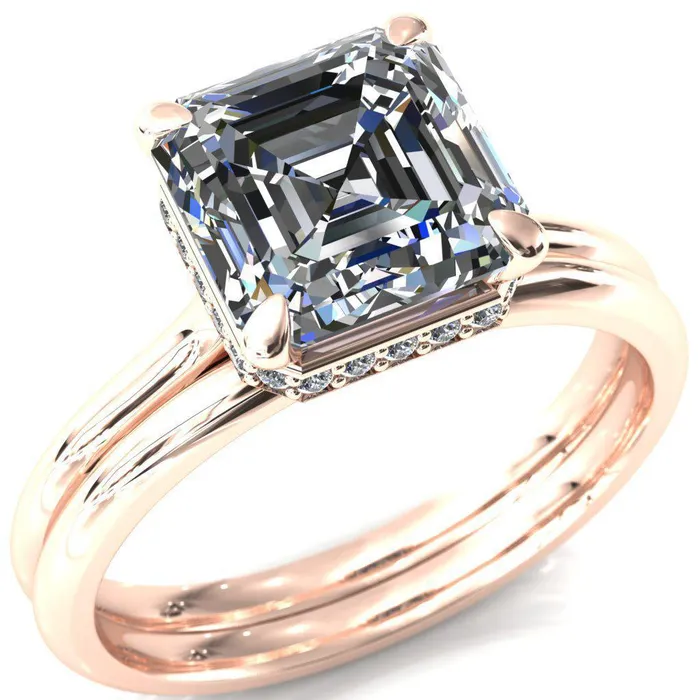 Fire Brilliance Rings Secret Asscher Moissanite 4 Prong Floating Halo Engagement Ring