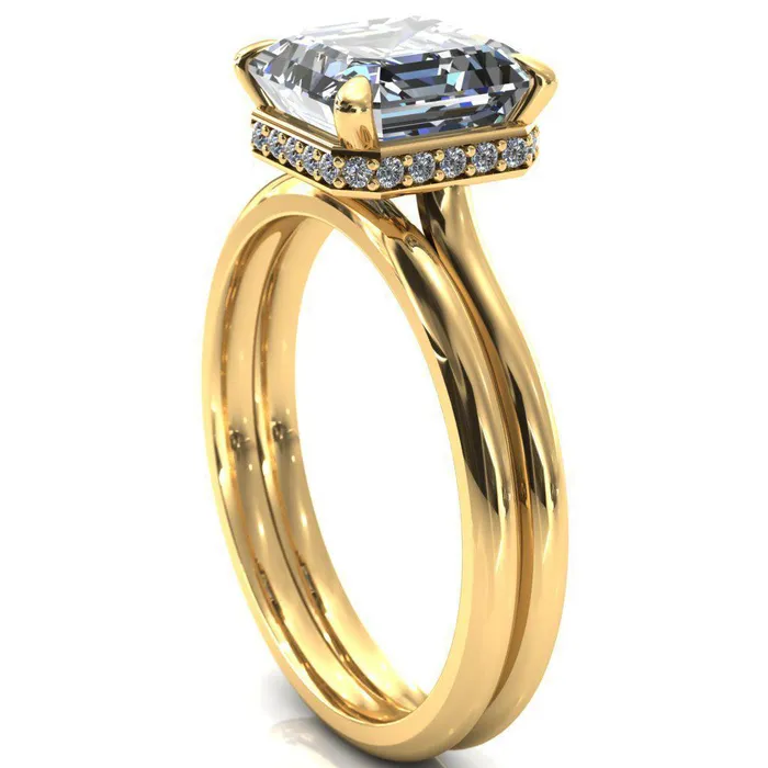 Fire Brilliance Rings Secret Asscher Moissanite 4 Prong Floating Halo Engagement Ring