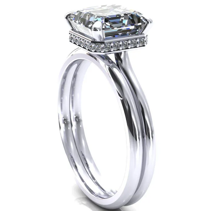 Fire Brilliance Rings Secret Asscher Moissanite 4 Prong Floating Halo Engagement Ring