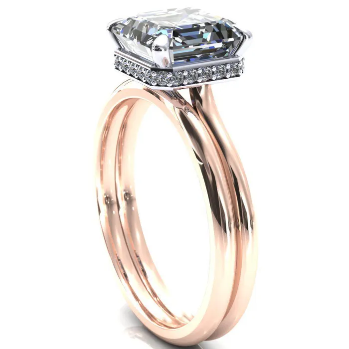 Fire Brilliance Rings Secret Asscher Moissanite 4 Prong Floating Halo Engagement Ring