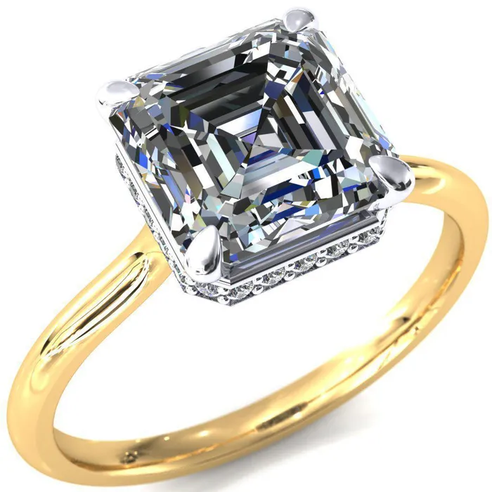 Fire Brilliance Rings Secret Asscher Moissanite 4 Prong Floating Halo Engagement Ring