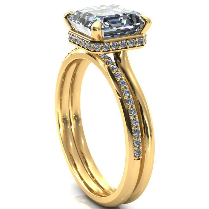 Fire Brilliance Rings Secret Asscher Moissanite 4 Prong Floating Halo Engagement Ring
