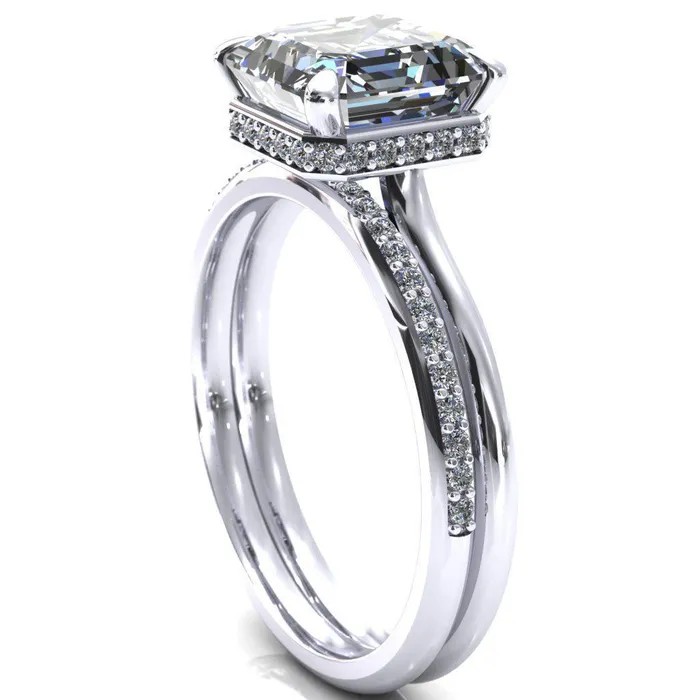 Fire Brilliance Rings Secret Asscher Moissanite 4 Prong Floating Halo Engagement Ring