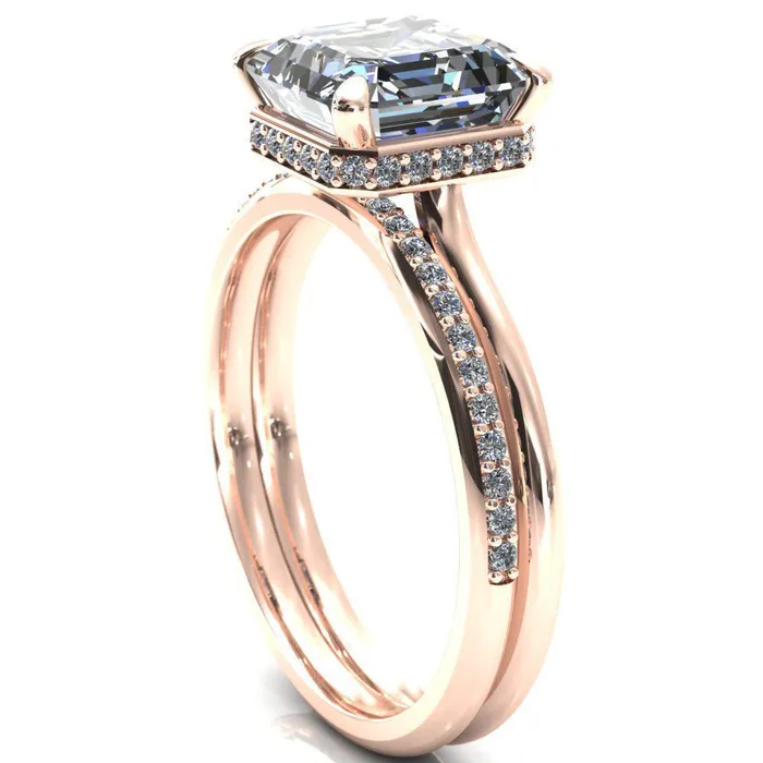 Fire Brilliance Rings Secret Asscher Moissanite 4 Prong Floating Halo Engagement Ring