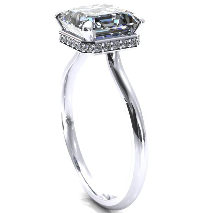 Fire Brilliance Rings Secret Asscher Moissanite 4 Prong Floating Halo Engagement Ring