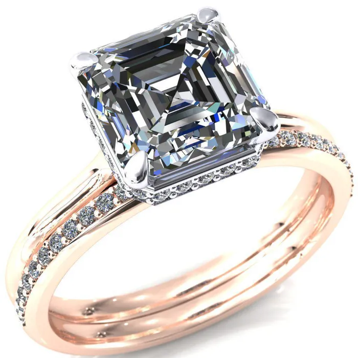 Fire Brilliance Rings Secret Asscher Moissanite 4 Prong Floating Halo Engagement Ring