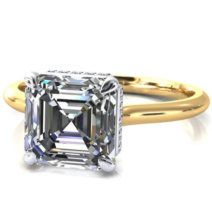 Fire Brilliance Rings Secret Asscher Moissanite 4 Prong Floating Halo Engagement Ring