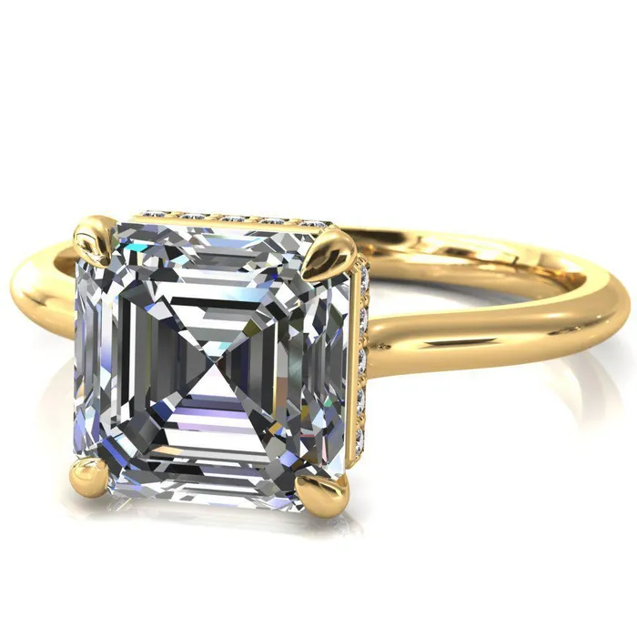 Fire Brilliance Rings Secret Asscher Moissanite 4 Prong Floating Halo Engagement Ring