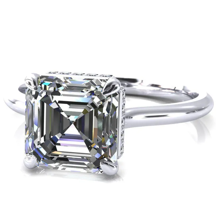 Fire Brilliance Rings Secret Asscher Moissanite 4 Prong Floating Halo Engagement Ring
