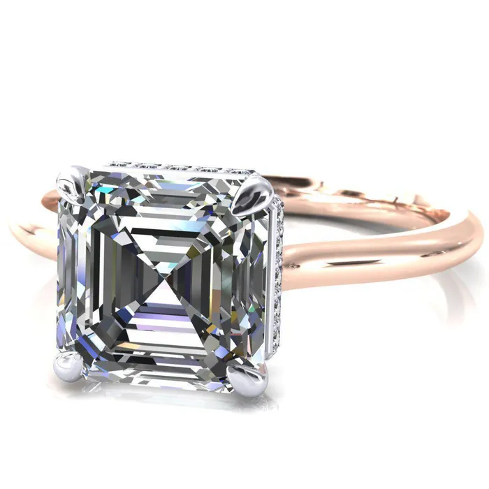 Fire Brilliance Rings Secret Asscher Moissanite 4 Prong Floating Halo Engagement Ring