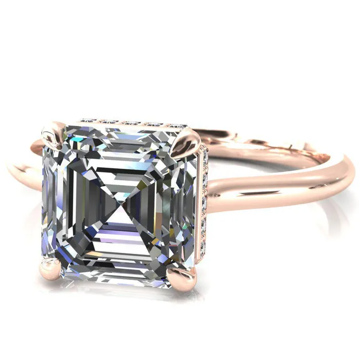 Fire Brilliance Rings Secret Asscher Moissanite 4 Prong Floating Halo Engagement Ring