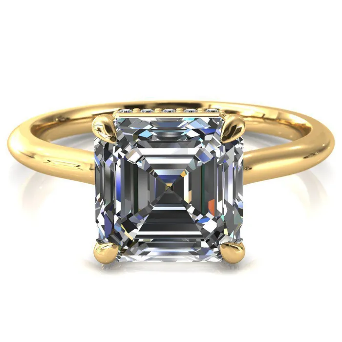 Fire Brilliance Rings Secret Asscher Moissanite 4 Prong Floating Halo Engagement Ring