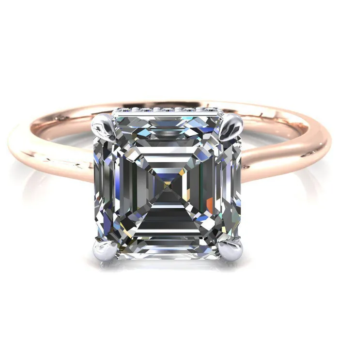 Fire Brilliance Rings Secret Asscher Moissanite 4 Prong Floating Halo Engagement Ring