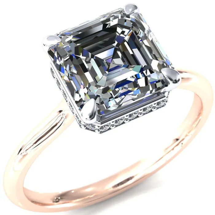Fire Brilliance Rings Secret Asscher Moissanite 4 Prong Floating Halo Engagement Ring