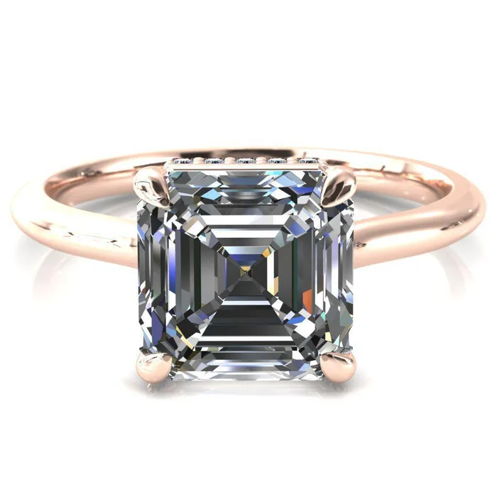 Fire Brilliance Rings Secret Asscher Moissanite 4 Prong Floating Halo Engagement Ring