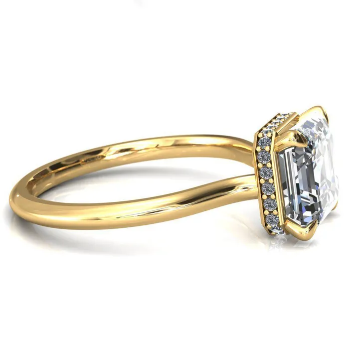 Fire Brilliance Rings Secret Asscher Moissanite 4 Prong Floating Halo Engagement Ring