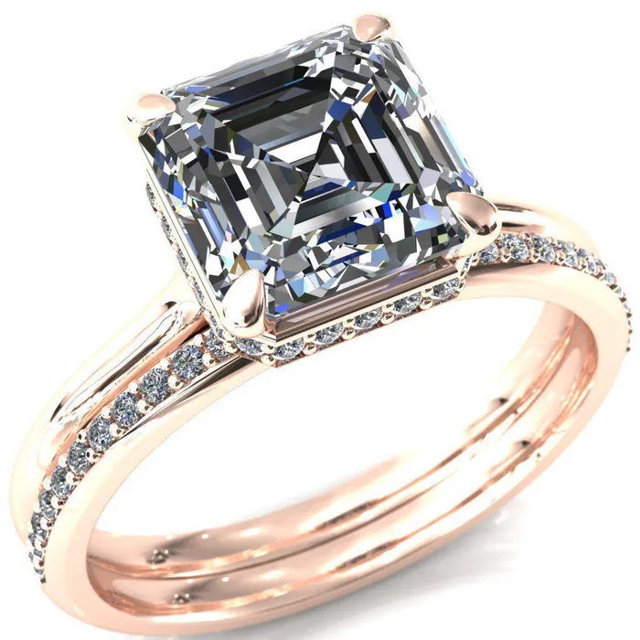Fire Brilliance Rings Secret Asscher Moissanite 4 Prong Floating Halo Engagement Ring