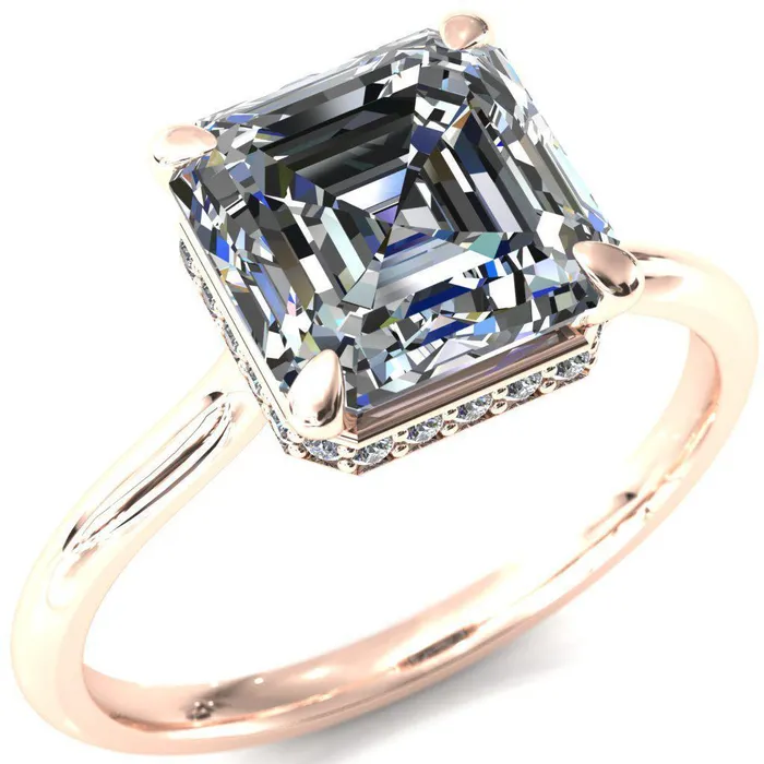 Fire Brilliance Rings Secret Asscher Moissanite 4 Prong Floating Halo Engagement Ring