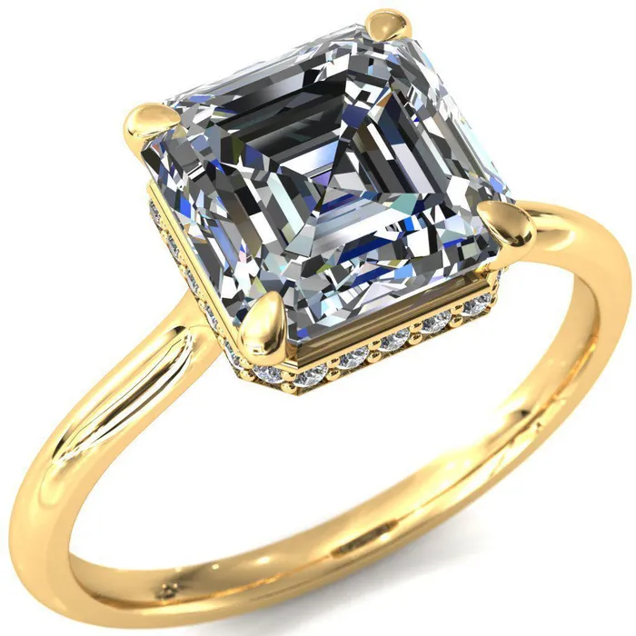 Fire Brilliance Rings Secret Asscher Moissanite 4 Prong Floating Halo Engagement Ring