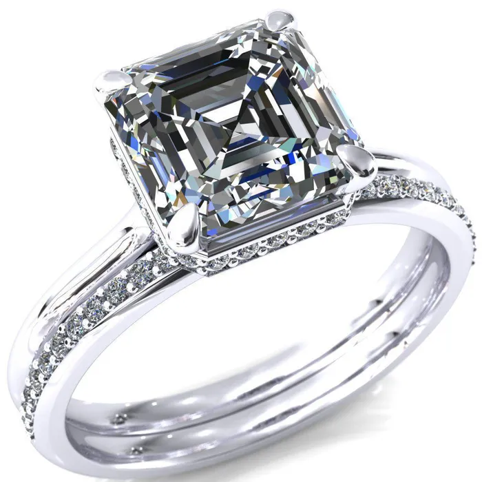 Fire Brilliance Rings Secret Asscher Moissanite 4 Prong Floating Halo Engagement Ring