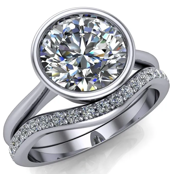 Fire Brilliance Rings Sienna Round Center Stone Full Tapered Edged Bezel Pinched Solitaire Ring