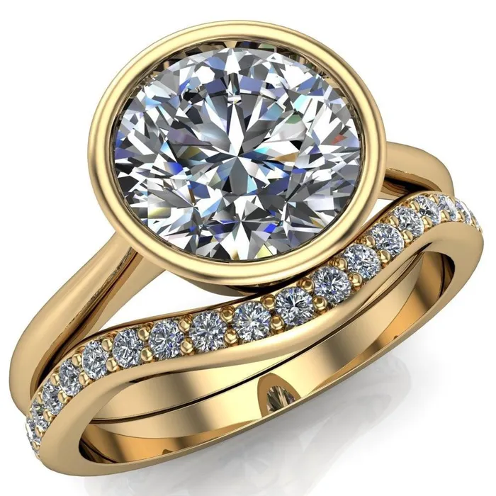 Fire Brilliance Rings Sienna Round Center Stone Full Tapered Edged Bezel Pinched Solitaire Ring