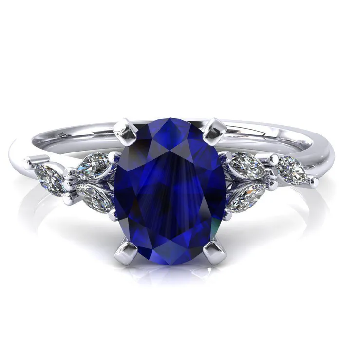Fire Brilliance Rings Sigrid Oval Blue Sapphire 4 Prong Marquise Diamond Side Ring Fire Brilliance Rings Sigrid Oval Blue Sapphire 4 Prong Marquise Diamond Side Ring