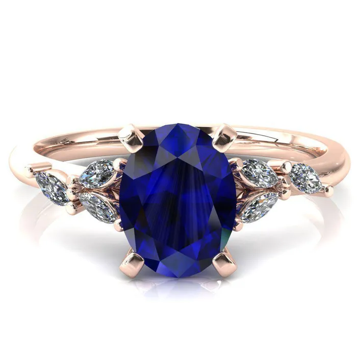 Fire Brilliance Rings Sigrid Oval Blue Sapphire 4 Prong Marquise Diamond Side Ring