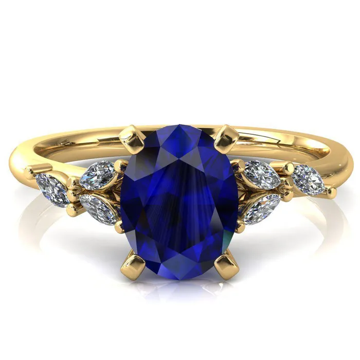 Fire Brilliance Rings Sigrid Oval Blue Sapphire 4 Prong Marquise Diamond Side Ring
