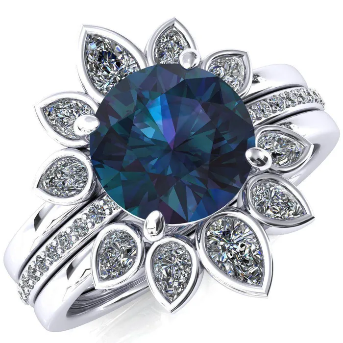 Flora Round Alexandrite 12 Eternity Accent Diamond Ring Fire Brilliance Rings