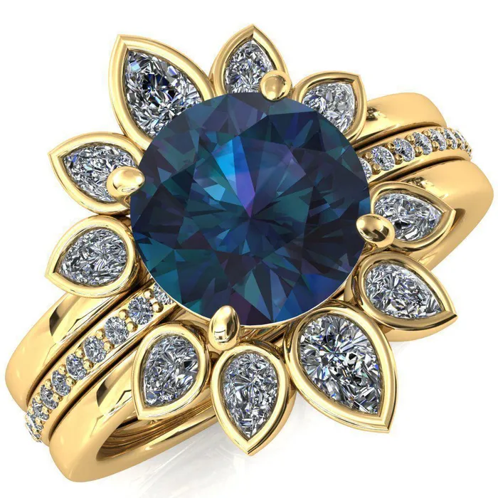 Flora Round Alexandrite 12 Eternity Accent Diamond Ring Fire Brilliance Rings