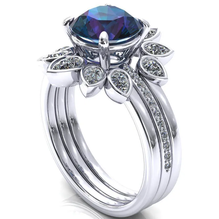 Flora Round Alexandrite 12 Eternity Accent Diamond Ring Fire Brilliance Rings