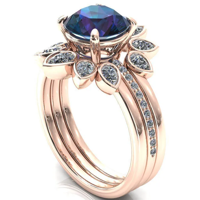 Flora Round Alexandrite 12 Eternity Accent Diamond Ring Fire Brilliance Rings