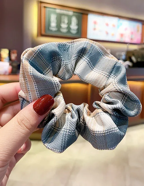 H746 Beige Blue Plaid Print Hair Scrunchie 02 Rings