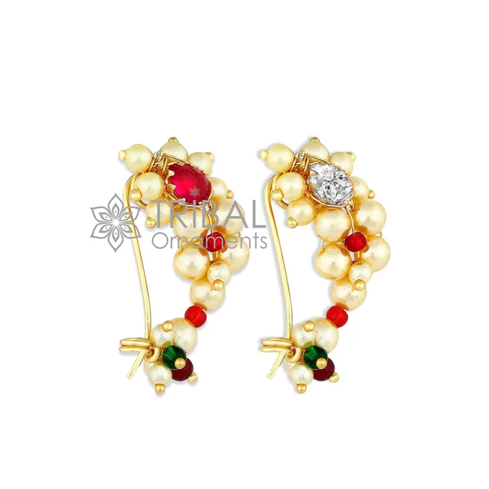 Indian Traditional cultural nose pin stud or Nath Maharasthrian nath 18 kt yellow gold and pearl handmade ethnic jewelry from india gnp52 TRIBAL ORNAMENTS Earrings Indian Traditional cultural nose pin stud or Nath Maharasthrian nath 18 kt yellow gold and pearl handmade ethnic jewelry from india gnp52 TRIBAL ORNAMENTS Earrings