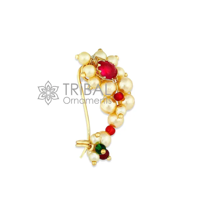 Indian Traditional cultural nose pin stud or Nath Maharasthrian nath 18 kt yellow gold and pearl handmade ethnic jewelry from india gnp52 TRIBAL ORNAMENTS Earrings Indian Traditional cultural nose pin stud or Nath Maharasthrian nath 18 kt yellow gold and pearl handmade ethnic jewelry from india gnp52 TRIBAL ORNAMENTS Earrings