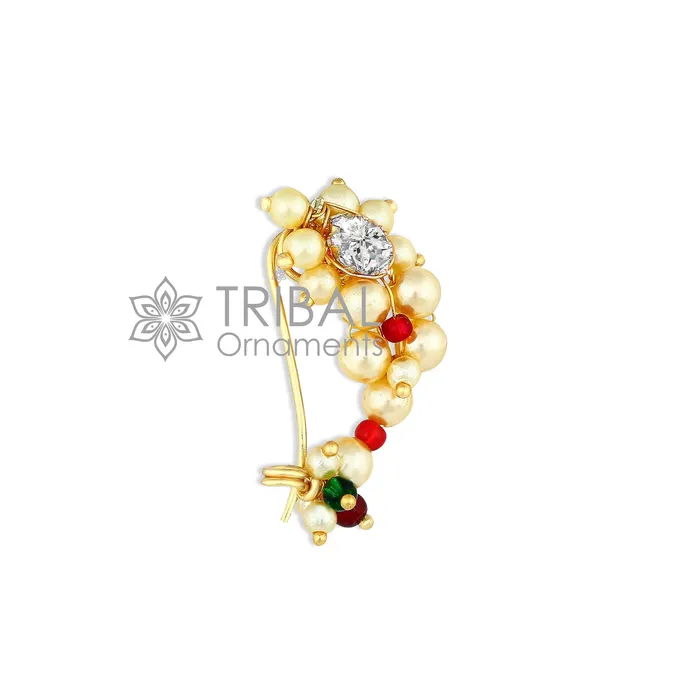 Indian Traditional cultural nose pin stud or Nath Maharasthrian nath 18 kt yellow gold and pearl handmade ethnic jewelry from india gnp52 TRIBAL ORNAMENTS Earrings Indian Traditional cultural nose pin stud or Nath Maharasthrian nath 18 kt yellow gold and pearl handmade ethnic jewelry from india gnp52 TRIBAL ORNAMENTS Earrings