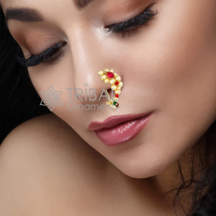 Indian Traditional cultural nose pin stud or Nath Maharasthrian nath 18 kt yellow gold and pearl handmade ethnic jewelry from india gnp52 TRIBAL ORNAMENTS Earrings Indian Traditional cultural nose pin stud or Nath Maharasthrian nath 18 kt yellow gold and pearl handmade ethnic jewelry from india gnp52 TRIBAL ORNAMENTS Earrings